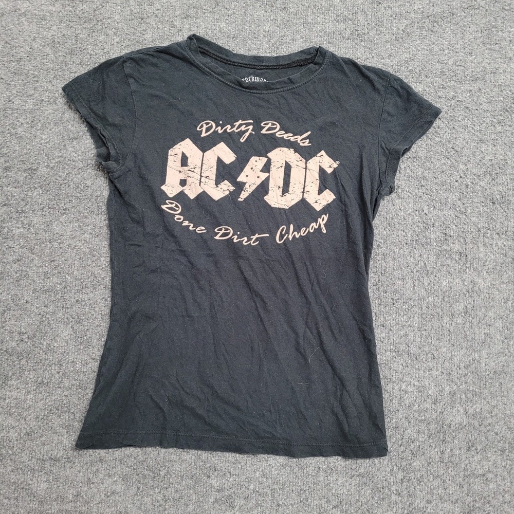 Rockware T-Shirt Womens Size M Black AC/DC Dirty Deeds Graphic Band Tee Slim Fit